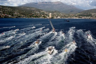 Wild Oats sail across the finish line in Hobart, Australia,Dec. 28, 2005. 85 yachts of all sizes battled for this years line honors in this the 61st running of the world famous race.
