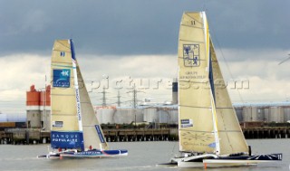 ORMA 60 trimarans on the River Thames leaving London in the Multicup SAS