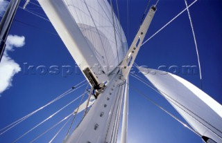 Looking up at mast and dacron sails of superyacht