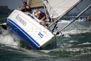 COWES, ENGLAND - JULY30: Sailors onboard the yacht Sunsail 23 struggle to control the yacht in a leeward broach during the windy conditions of Day 2 of  Skandia Life Cowes Week 2006. (Photo by Kos/Kos Picture Source via Getty Images)