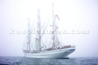 Tall ship race torquay the Sagres made her way through the fog at the start in Torbay