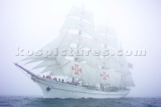 Tall ship race torquay the Sagres made her way through the fog at the start in Torbay