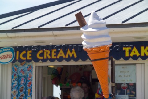 A 99 Ice Cream Cone advertising refreshments at a beach side hut on Margat Beach Front