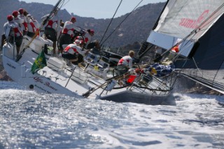 PORTO CERVO, SARDINIA - SEPT 6th 2006: The 100ft canting keel super-maxi Alfa Romeo owned by Neville Crighton (NZL) leading the racing fleet at the Maxi Yacht Rolex Cup 2006 in Porto Cervo, Sardinia. (Photo by Tim Wright/Kos Picture Source via Getty Images)