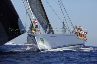 PORTO CERVO, SARDINIA - SEPT 6th 2006: The 100ft canting keel super-maxi Alfa Romeo owned by Neville Crighton (NZL) under asymmetric spinnaker leading the racing fleet at the Maxi Yacht Rolex Cup 2006 in Porto Cervo, Sardinia. (Photo by Tim Wright/Kos Picture Source via Getty Images)