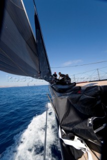 PORTO CERVO, SARDINIA - SEPT 9th 2006: Onboard the Wally maxi yacht Tango (ITA) owned by©Carlo Sama (ITA) and driven by the Chairman of the Wally Yachts shipyard, Luca Bassani (ITA) during the Maxi Yacht Rolex Cup on September 9th 2006. Tango finished 5th making her presently 2nd overall in the regatta. The Maxi Yacht Rolex Cup is the largest maxi yacht regatta in the world, which attracts the fastest and most expensive sailing yachts to Porto Cervo, Sardinia bi-annually. (Photo by Gilles Martin-Raget/Kos Picture Source via Getty Images)