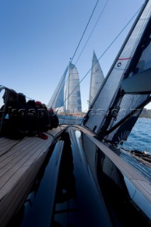 PORTO CERVO, SARDINIA - SEPT 9th 2006: Onboard the Wally maxi yacht Tango (ITA) owned by©Carlo Sama (ITA) and driven by the Chairman of the Wally Yachts shipyard, Luca Bassani (ITA) during the Maxi Yacht Rolex Cup on September 9th 2006. Tango finished 5th making her presently 2nd overall in the regatta. The Maxi Yacht Rolex Cup is the largest maxi yacht regatta in the world, which attracts the fastest and most expensive sailing yachts to Porto Cervo, Sardinia bi-annually. (Photo by Gilles Martin-Raget/Kos Picture Source via Getty Images)