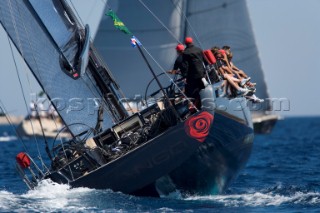 PORTO CERVO, SARDINIA - SEPT 9th 2006: The Wally maxi yacht Tango (ITA) owned by©Carlo Sama (ITA) and driven by the Chairman of the Wally Yachts shipyard, Luca Bassani (ITA) during the Maxi Yacht Rolex Cup on September 9th 2006. Tango finished 5th making her presently 2nd overall in the regatta. The Maxi Yacht Rolex Cup is the largest maxi yacht regatta in the world, which attracts the fastest and most expensive sailing yachts to Porto Cervo, Sardinia bi-annually. (Photo by Gilles Martin-Raget/Kos Picture Source via Getty Images)