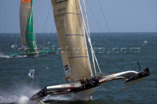 PORT de FECAMP, FRANCE - SEPT 9th 2006: The Open 60 trimaran GITANA 11 (Fra) skippered by the famous French multihull sailor Loick Peyron racing in the Grand Prix de Fecamp on September 9th 2006. GITANA 11 finished 2nd overall. The Grand Prix de Port de Fecamp is part of the Multi Cup 60 Cafe Ambassador. (Photo by Gilles Martin-Raget/Kos Picture Source via Getty Images)