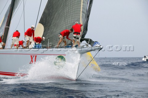 PORTO CERVO SARDINIA  SEPT 9th 2006 The foredeck crew of the canting keel maxi Wild Oats AUS prepare