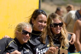 TARIFA, SPAIN - SEPT10th 2006:  From left: Ania Grzelinska (Poland) is awarded 2nd place, Bruna Kajiha (Brazil) is pronounced winner and Womens World Kiteboard Champion 2006 and Karolina Winkowska (Poland) is awarded 3rd in the BETANDWIN.COM KITESURF PRO. PKRA 2006 WORLD TOUR on September10th in Tarifa in Spain, the mecca for kitesurfing. (Photo by Kirsten Scully/Kos Picture Source via Getty Images)