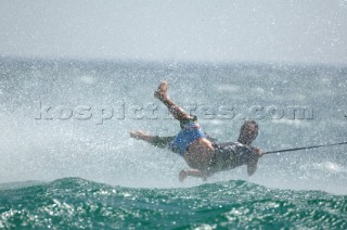 TARIFA, SPAIN - SEPT10th 2006:  Jaime Herraiz (Spain) crashes into the sea at speed whilst competing in the BETANDWIN.COM KITESURF PRO. PKRA 2006 WORLD TOUR on September10th in Tarifa in Spain, the mecca for kitesurfing. (Photo by Kirsten Scully/Kos Picture Source via Getty Images)
