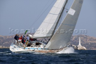PORTO CERVO, SARDINIA - SEPT 13th 2006:  The Swan 46 Mk2 Gundel G from Germany owned by Jens Ulrich Klessling racing on Day 2 of the Rolex Swan Cup on September 13th 2006. The Rolex Swan Cup, started in 1982, is the principle event on the Swan racing circuit. Nautors Swan yachts, celebrating its 40th year in production, build the best series production yachts afloat. (Photo by Tim Wright/Kos Picture Source via Getty Images)