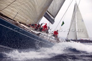 PORTO CERVO, SARDINIA - SEPT 13th 2006:  The Swan 80 Favonius from the British Virgin Islands owned by Roel Piepercrashes through waves upwind during racing in the Rolex Swan Cup on September 13th 2006. Favonius finished 3rd in the Grand Prix class. The Rolex Swan Cup, started in 1982, is the principle event on the Swan racing circuit. Nautors Swan yachts, celebrating its 40th year in production, build the best series production yachts afloat. (Photo by Tim Wright/Kos Picture Source via Getty Images)