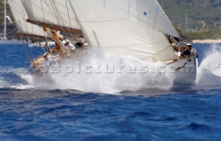 Creating waves in a two masted boat during the Antigua Classic Yacht Regatta April 2006