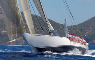 Antigua Classic Yacht Regatta April 2006. One of sequence of ten pictures of the 138 ft Olin Stephens designed boat Ranger on port tack with crew on port rail