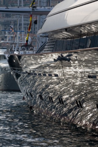 Reflections in the hull of the high tech and modern technology design of the superyacht megayacht Ma