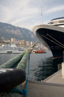 Bowline of a superyacht or cruise ship moored in port