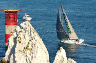 ISLE OF WIGHT, UNITED KINGDOM - JUNE 3:  The Open 60 Ecover is the first yacht to pass the Needles Lighthouse in the JP Morgan Round the Island Race 2006. Over 1,600 yachts race each year from the Royal Yacht Squadron startline off Cowes, anticlockwise around the Isle of Wight, one of the biggest yacht races in the world.
