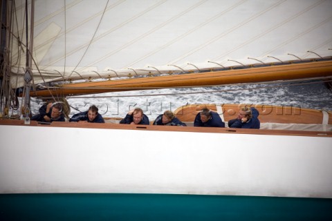 SAINTTROPEZ FRANCE  The wet and tired crew on the deck of the classic gaff rigged yacht Mariquita bu