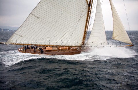 SAINTTROPEZ FRANCE  The classic gaff rigged yacht Mariquita charging upwind during racing in the Voi