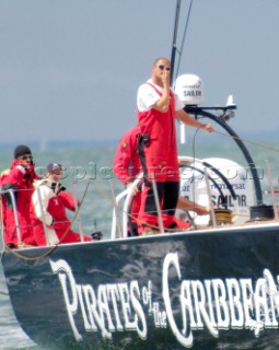 PORTSMOUTH, UNITED KINGDOM - MAY 29: Celebrities Lady Gabriella Windsor and actor Mackenzie Crook ride aboard the Volvo 70 Pirates of the Caribbean during the inshore race off Portsmouth. Despite takling an early lead, the yacht finished 2nd to ABN AMRO 1, the overall race winner. The Volvo Ocean Race 2005-2006 fleet race in each port between the long distance legs.