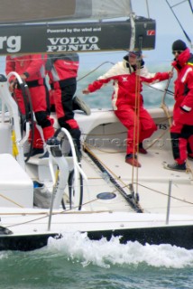 PORTSMOUTH, UNITED KINGDOM - MAY 29: Celebrities Lady Gabriella Windsor (2nd from right) and actor Mackenzie Crook (right) ride aboard the Volvo 70 Pirates of the Caribbean during the inshore race off Portsmouth. Despite takling an early lead, the yacht finished 2nd to ABN AMRO 1, the overall race winner. The Volvo Ocean Race 2005-2006 fleet race in each port between the long distance legs.