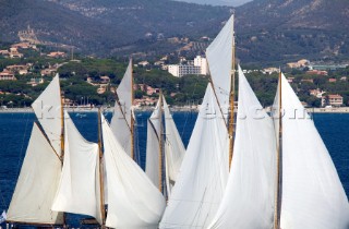 SAINT-TROPEZ, FRANCE -  OCT 5th: The sails of the classic schooners hang lifeless waiting for the breeze during the Voiles de St Tropez races on October 5th 2006. The largest classic and modern yachts from around the world gather in Saint-Tropez annually for a week of racing and festivities to mark the end of the Mediterranean season, before heading across the Atlantic to winter in the Caribbean