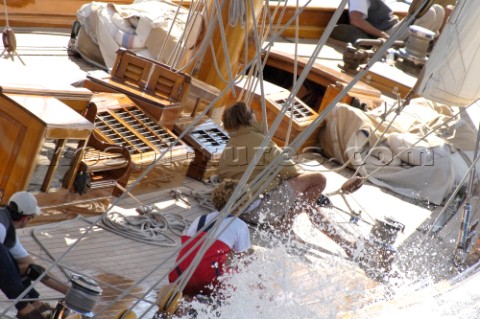 Sailors working on the deck of Cambria during Les Voiles de Saint Tropez 2005