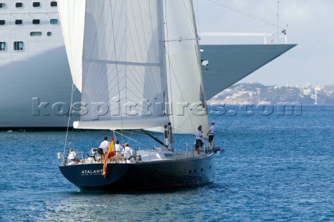 PALMA MAJORCA  October 12th 2006 The sailng superyacht Atalanta from Majorca sailing past the bow of