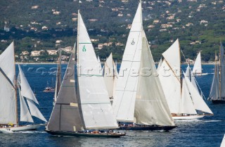 SAINT-TROPEZ, FRANCE - OCT 5th: The two classic J-Class yachts Shamrock and Valsheda (centre) duel for position before the start on October 5th 2006. The largest classic and modern yachts from around the world gather in Saint-Tropez annually for a week of racing and festivities to mark the end of the Mediterranean season, before heading across the Atlantic to winter in the Caribbean.