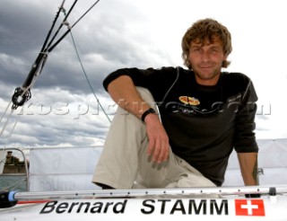 BILBAO, SPAIN - October 22nd 2006: Bernard Stamm (SUI), skipper of Open 60 Monohull  CHEMINƒES POUJOULAT. The Velux 5 Oceans is a three part round the world yacht race for the bravest of solo sailors. Leg 1 is approximately 12,000 miles from Bilbao in Spain to Fremantle in Western Australia. It is the ultimate test of sailing skill, stamina and endurance. (Rights restrictions may apply)