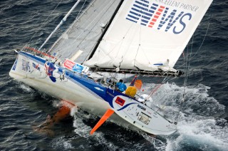 BILBAO, SPAIN - October 22nd 2006: Kojiro Shiraishi (JPN) onboard his Open 60ft monohull SPIRIT OF YUKOH during Leg 1 of the Velux 5 Oceans yacht race. The Velux 5 Oceans is a three part round the world yacht race for the bravest of solo sailors. Leg 1 is approximately 12,000 miles from Bilbao in Spain to Fremantle in Western Australia. It is the ultimate test of sailing skill, stamina and endurance. (Rights restrictions may apply)