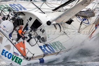 BILBAO, SPAIN - October 22nd 2006: British solo sailor Mike Golding (GBR), skipper of the Open 60ft Monohull ECOVER during Leg 1 of the Velux 5 Oceans race. The Velux 5 Oceans is a three part round the world yacht race for the bravest of solo sailors. Leg 1 is approximately 12,000 miles from Bilbao in Spain to Fremantle in Western Australia. It is the ultimate test of sailing skill, stamina and endurance. (Rights restrictions may apply)