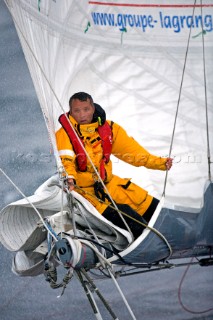 LORIENT, FRANCE - Skipper Yvan Bourgnon (SUI) training onboard his trimaran racing yacht BROSSARD on October 6th in preparation for the Route du Rhum trans-atlantic race start on Sunday October 29th 2006. The Route du Rhum is a challenging race for solo sailors which starts in St Malo and finishes in Pointe a Pitre, Guadeloupe.  (Rights restrictions may apply)