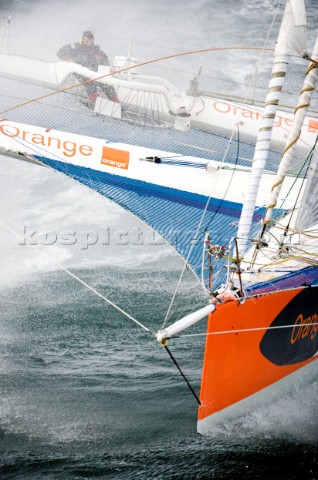 LORIENT FRANCE Skipper Steve Ravussin SUI  training onboard his Open 60 trimaran ORANGE PROJECT on O
