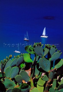Cefalù - Sicily - Italy. View with sailing boats from the Rocca Ruines .