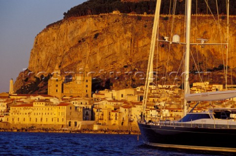 Cefal  Sicily  Italy The City seen from the sea at sunset 