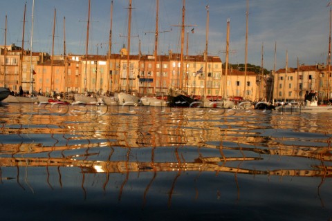 Early morning in the port at Saint Tropez view looking at the buildings on the waterfront from the w