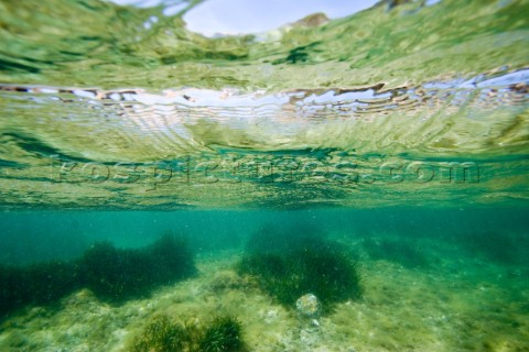 The seabed under shallow water seen from below the waterline whilst also looking up through surface 