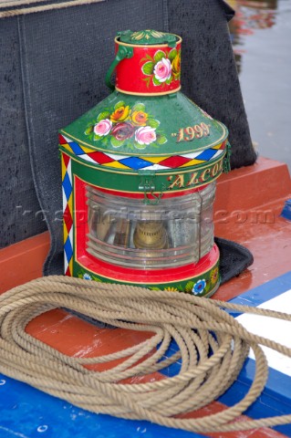 Decorated lantern on roof of Narrow BoatLlangollen CanalTrevor WharfClwydWalesNovember 2005
