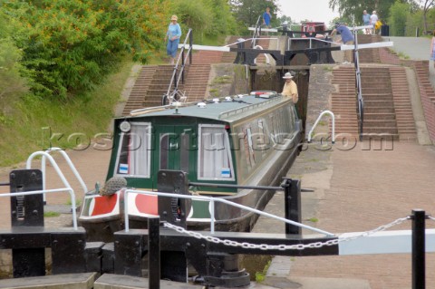 Descending the staircase locks at Grindley Brook on the Llangollen canal near WhitchurchShropshireJu