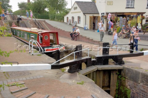 Descending the staircase locks at Grindley Brook on the Llangollen canal near WhitchurchShropshireJu