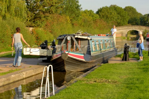 Narrowboat  entering the top of the lock at Wheaton Aston on the Shropshire Union canalStaffordshire