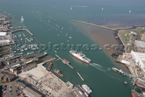 Aerial image of mouth of River Medina at Cowes Isle of Wight showing the marinas in West Cowes and t