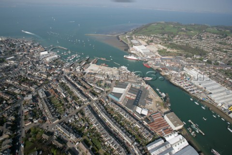 Aerial image of mouth of River Medina at Cowes Isle of Wight showing the marinas in West Cowes and t