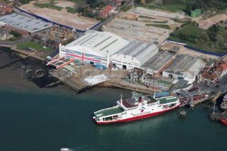Aerial shot of the Red Funnel vehicle and passenger ferry docked at the East Cowes terminal