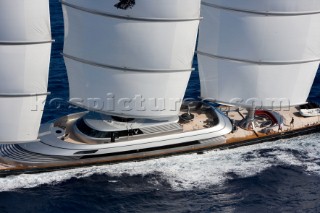 The Perini Navi superyacht Maltese Falcon owned by Tom Perkins sailing in The Superyacht Cup in Antigua