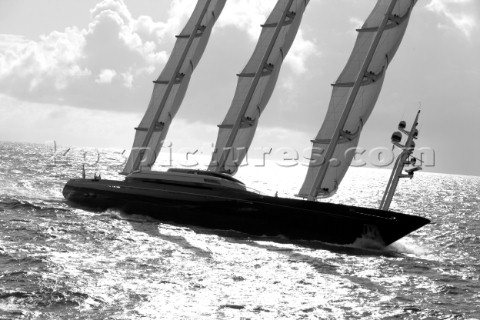 The Perini Navi superyacht Maltese Falcon owned by Tom Perkins sailing in The Superyacht Cup in Anti