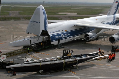 Americas Cup  yacht is loaded onto a Russian transport plane to be air freighted